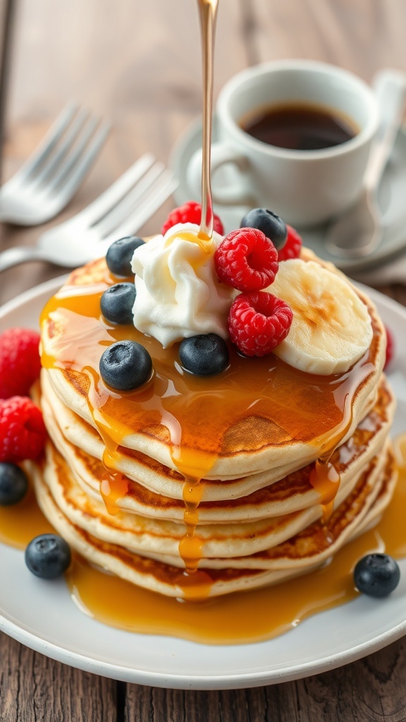 Delicious Pancake Topping Ideas A stack of pancakes topped with syrup, berries, and whipped cream on a wooden table.